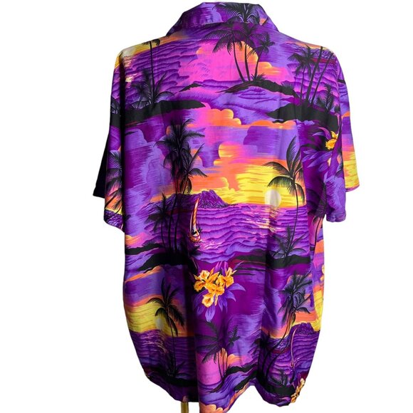 Button Up Hawaiian Camp Shirt 3XL Purple Floral Sunset Beach Short Sleeve Pocket - Picture 4 of 6